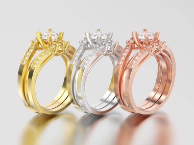 3D illüstrasyon üç Sarı Gül ve beyaz altın veya iki gümüş 