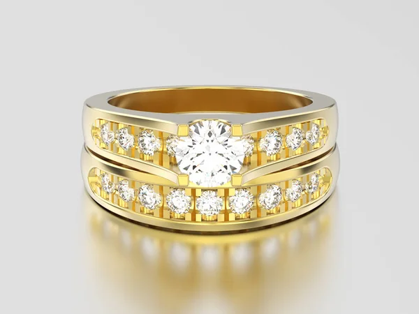 Conjunto de ilustrações 3D de dois anéis de diamantes decorativos em ouro amarelo — Fotografia de Stock