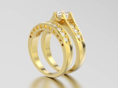 3D resimde kümesi iki sarı altın dekoratif pırlanta yüzük 