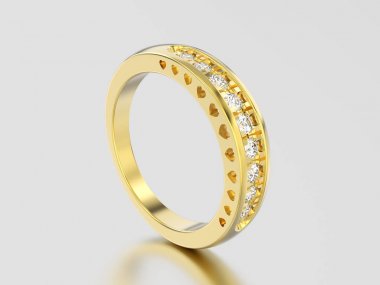 3D resimde sarı altın dekoratif elmas yüzük ile kalpleri 