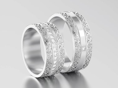 3D resimde iki beyaz altın veya gümüş dekoratif düğün band