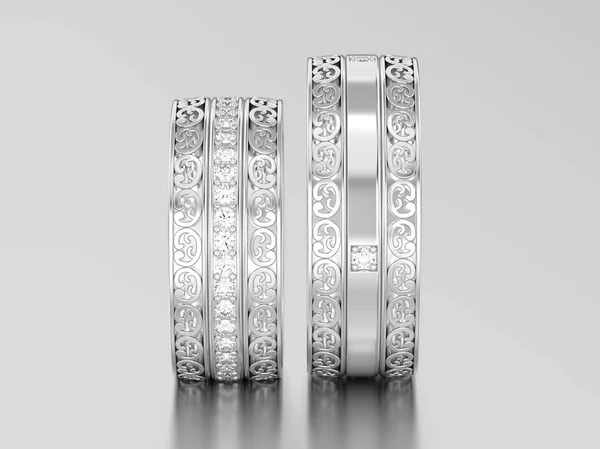 3D resimde iki beyaz altın veya gümüş dekoratif düğün band — Stok fotoğraf