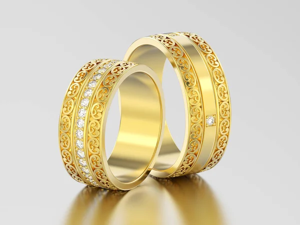 3D Illustration zwei dekorative Hochzeitsbänder aus Gelbgold geschnitzt — Stockfoto