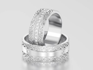 3D resimde iki beyaz altın veya gümüş dekoratif düğün band