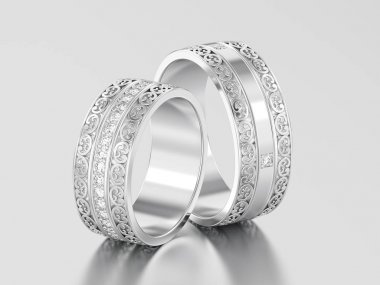 3D resimde iki beyaz altın veya gümüş dekoratif düğün band