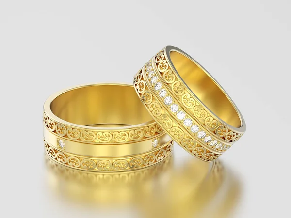 3D illustration two yellow gold decorative wedding bands carved — Stock Photo, Image