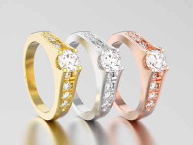 3D illüstrasyon üç farklı sarı, gül ve beyaz altın veya s