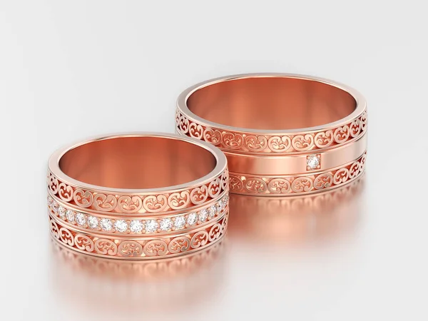 3D obrázek dvě růžová ozdobné snubní prstni zlaté vyřezal ou — Stock fotografie