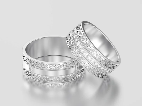Ilustração 3D dois branco ouro ou prata decorativo casamento banda — Fotografia de Stock