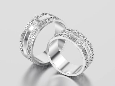 3D resimde iki beyaz altın veya gümüş dekoratif düğün band