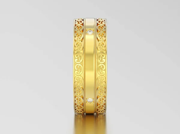 3D obrázek žluté snubní prstni zlaté ozdobné vyřezávané — Stock fotografie