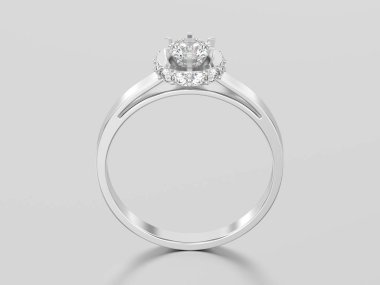 3D resimde beyaz altın veya gümüş halo çerçevesini kaldırım döşemek elmas yüzük gri bir arka plan üzerinde