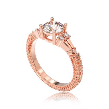 3D illüstrasyon izole gül altın dekoratif elmas yüzükle 