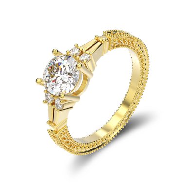 3D illüstrasyon izole sarı altın dekoratif pırlanta yüzük zekâ