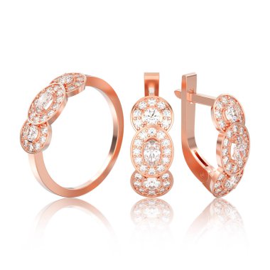 Gül altın dekoratif elmas kulak 3D illüstrasyon izole kümesi