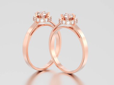 3D resimde iki gül altın halo çerçevesini kaldırım döşemek elmas yüzük