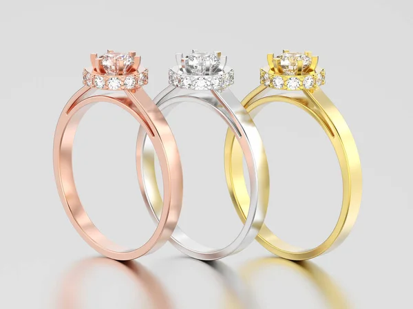 Ilustración 3D halo de tres rosas, oro amarillo y blanco o plata — Foto de Stock