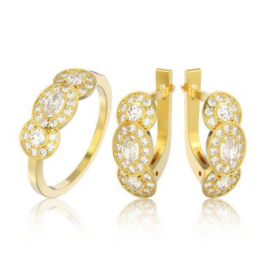 Sarı altın dekoratif elmas e 3D illüstrasyon izole kümesi