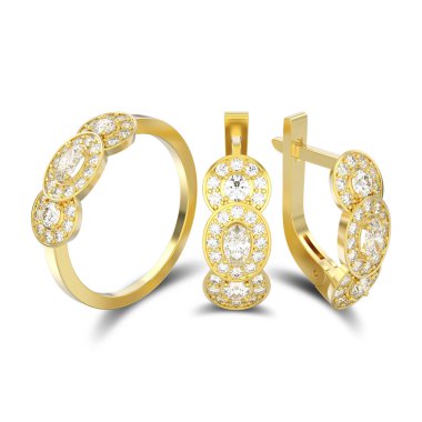 Sarı altın dekoratif elmas e 3D illüstrasyon izole kümesi