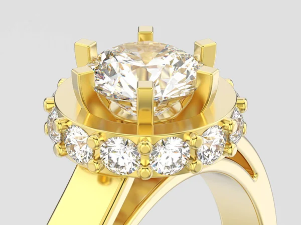 3D illustration close up yellow gold halo bezel pave diamond rin