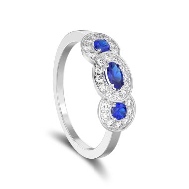 Beyaz altın veya gümüş üç safir sto 3D illüstrasyon izole