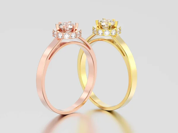 Ilustração 3D dois amarelo e rosa ouro halo moldura pave diamante — Fotografia de Stock