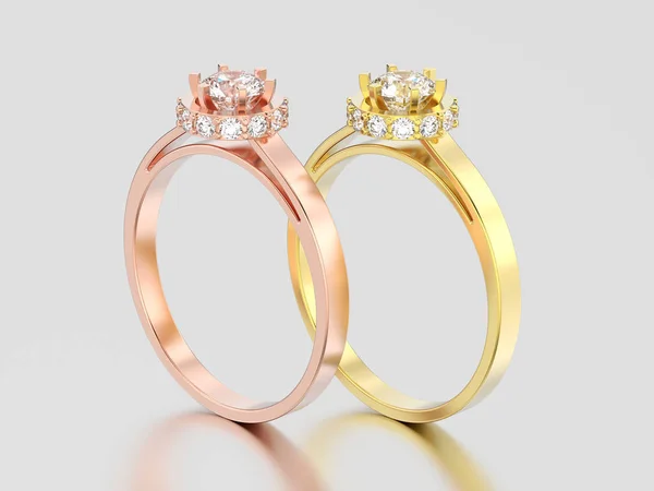 3D illustratie twee geel en rose gouden halo omlijsting pave diamond — Stockfoto