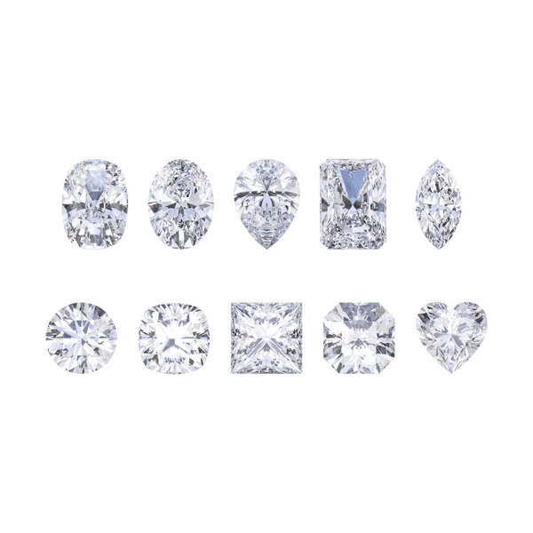 3D иллюстрация выделяет десять различных белых бриллиантов
