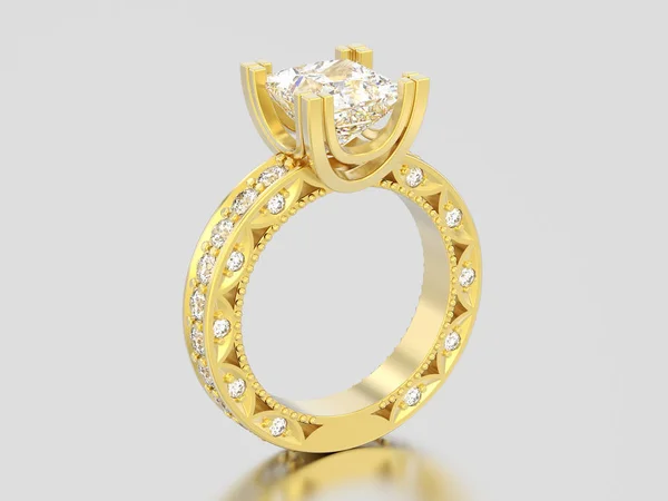 Ilustração 3D amarelo canal de ouro princesa corte diamante engagem — Fotografia de Stock