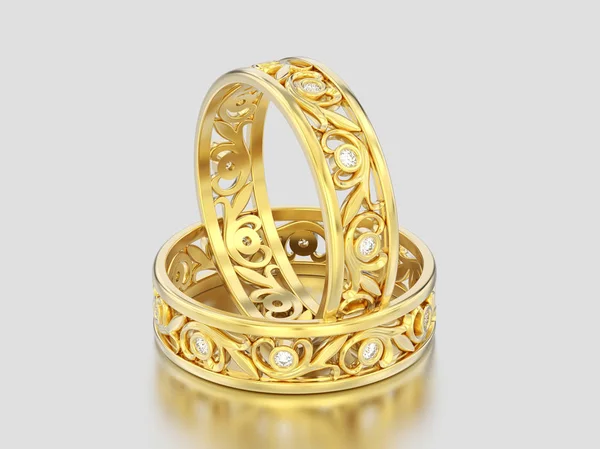 3D illustration two yellow gold matching couples wedding diamond — Stock Photo, Image