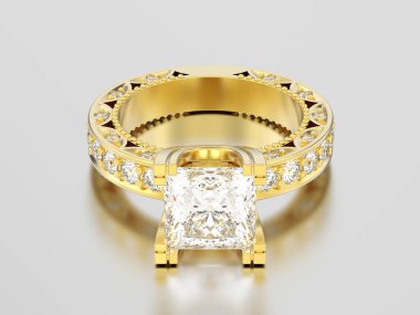 3D resimde sarı altın kanal Prenses kesilmiş elmas nişan