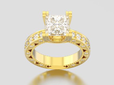 3D resimde sarı altın kanal Prenses kesilmiş elmas nişan