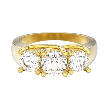 3D illüstrasyon izole sarı altın üç taş pırlanta yüzük 