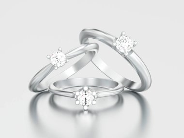 3D resimde üç farklı beyaz altın veya gümüş nişan 