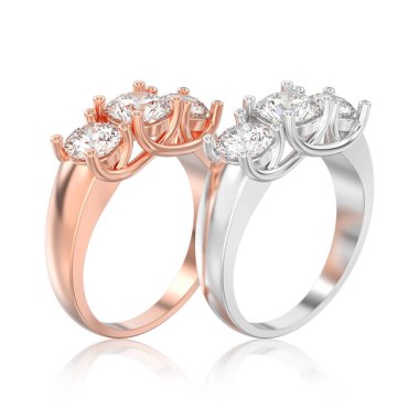 İki Gül ve beyaz altın üç taş dia 3D illüstrasyon izole