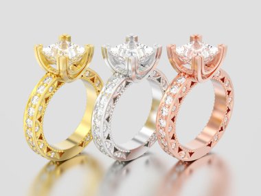 diamon 3D resimde üç farklı altın kanal Prenses kesilmiş