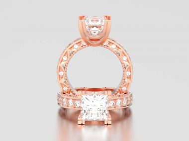 3D resimde iki gül altın kanal Prenses kesilmiş elmas engag