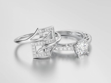 3D resimde iki farklı beyaz altın veya gümüş dekoratif di