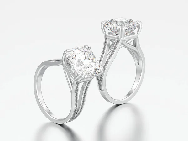Ilustración 3D dos anillos de diamantes de compromiso de oro blanco o plata —  Fotos de Stock