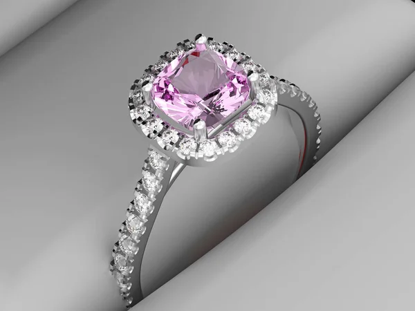 3D иллюстрация крупным планом серебряного бриллиантового кольца с розовым камнем i — стоковое фото