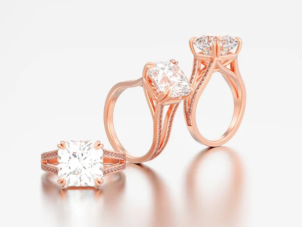 3D illustration three rose gold engagement diamond rings — Stock Photo, Image