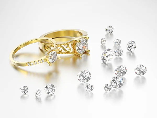 Ilustración 3D dos anillos de diamantes decorativos de oro diferentes y —  Fotos de Stock