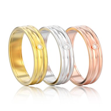 3D illüstrasyon izole üç gül ve sarı altın ve gümüş m