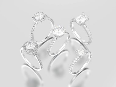 3D çizim beş beyaz altın veya gümüş dekoratif elmas rin