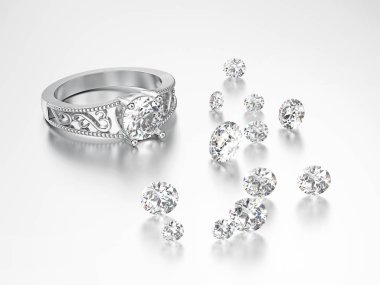 3D resimde beyaz altın veya gümüş dekoratif elmas yüzük ve