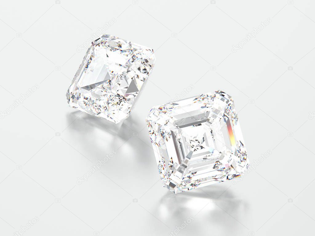 3D illustration two white square princess diamonds stones 