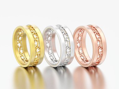 3d resimde üç farklı golde dekoratif orna oyma