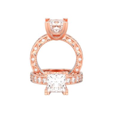 İki Gül altın pırlanta nişan decora 3D illüstrasyon izole