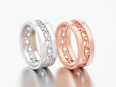 3D resimde iki gül altın ve gümüş dekoratif o oyma