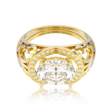 3D illüstrasyon izole altın dekoratif nişan pırlanta yüzük